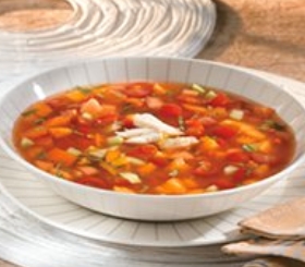 Chilled Pear Tomato Gazpacho with Cucumber, Melon and Lump Crabmeat image
