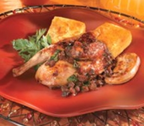 Grilled Game Hens & Seared Foie Gras with Crispy Polenta & Fig-Port Reduction image